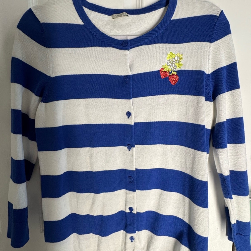 Talbots Blue and White Striped Cardigan with Floral Detail